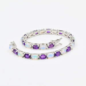 Nouvelle collection de bracelets tennis ajustables en argent sterling 925 avec pierres précieuses naturelles d'améthyste et d'opale de forme ovale, bijoux fins - Product Image 3