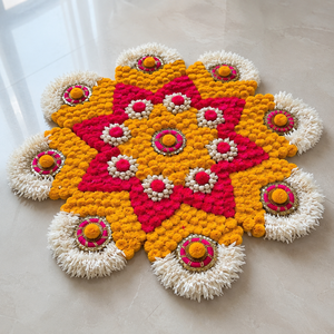 Tapis Rangoli floral fait main, jaune, rose, blanc, motif mandala, décoration pour Diwali, mariage, Puja, décoration de sol, tapis Rangoli festif - Product Image 4