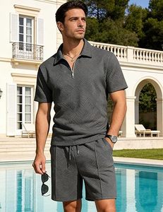 Ensemble de survêtement homme été tricoté brodé 100% coton séchage rapide manches courtes logo personnalisé style urbain 300g chemise et short - Product Image 2