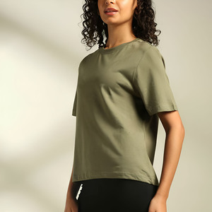 Nueva Llegada: Camiseta de Manga Corta con Cuello Redondo para Mujer, Color Verde Oliva, 100% Algodón, Corte Holgado, Tejido Jersey Informal, para Todas las Temporadas, en Oferta - Product Image 3