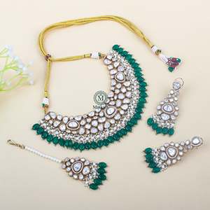 Heer Emerald Green Bridal Polki Necklace Set in Platinum with Rose Cut Diamonds and Pearls - Product Image 2