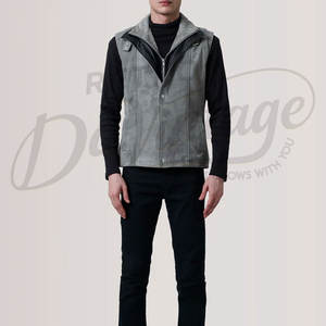 Chaleco de Cuero de Gamuza Gris Personalizado para Hombre, Cierre de Cremallera Doble, Corte Ajustado, Cuello Alto, Estilo Casual - Product Image 1
