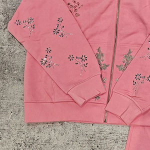 Conjunto de chándal de dos piezas con pedrería para mujer, sudadera con capucha extragrande con cremallera y pantalones de pierna ancha, ropa casual de calle al por mayor - Product Image 5