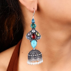 Wholesale Multicolor Stone <b>Oxidized</b> Silver Jhumka Earrings for Women | Boho Tribal Handmade Jewelry | Factory Direct Supplier - Product Image 2