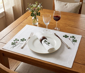 Custom Wholesale QUANG THANH EMBROIDERY Luxury Embroidery Lucky Leaves <b>Placemats</b> Napkins Sets White Linen Mats for Home Hotel - Product Image 3