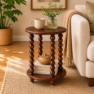 Handmade Rustic Wooden Side <b>Table</b> <b>with</b> Ball Turned Legs and Lower Storage Shelf Freestanding Accent Furniture for Living Room - Product Image 5
