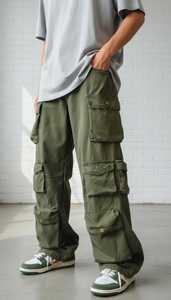 Casual Straight Fit Breathable Midweight Autumn Wear <b>Cargo</b> <b>Men's</b> Olive <b>Green</b> Canvas <b>Cargo</b> <b>Pants</b> Elastic Waist Multiple Pockets - Product Image 3