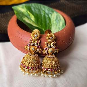 24K Gold Plated Pearl Charm Stud Earrings-Ethnic Vintage Religious Jhumka - Product Image 3