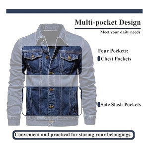 แจ็คเก็ตยีนส์ผู้ชายสไตล์วินเทจ แจ็คเก็ตยีนส์คลาสสิกพร้อมกระเป๋าหลายช่อง ผ้าผสมฝ้ายทนทาน สวมใส่สบาย - Product Image 3