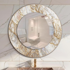 Round Handmade Bone Inlay Contemporary Design Wall <b>Mirror</b> with <b>White</b> & Gold Marble Vein From REHMAN CRAFT - Product Image 4