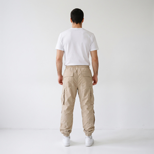 Men Windbreaker Cargo Pants Beige Elastic Waist Multiple Pockets Canvas <b>Trousers</b> Spring Wear <b>Waterproof</b> Rain Pants - Product Image 2