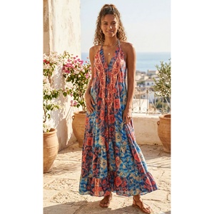 Vestido Casual Largo hasta el Suelo para Mujer, Estilo Boho, Cuello en V, Corte en A, Estampado Floral/Geométrico, Tejido de Seda Ecológica, Cintura Natural - Product Image 1