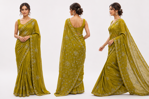 Sari en organza vert olive élégant, brodé, pour mariage indien, en soie, pour femmes, tenue de fête pakistanaise, sari de mariée, vente en gros - Product Image 4