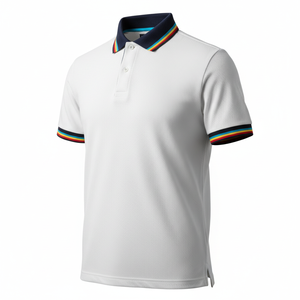 เสื้อโปโลผ้าฝ้ายสีขาวลายทางสีรุ้ง  รับทำโลโก้ตามสั่ง  ผู้ผลิต OEM ขายส่ง เสื้อแขนสั้นลำลอง - Product Image 3
