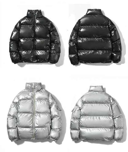 Men's Solid Color Puffer <b>Jacket</b> Windproof Zipper Closure Casual Winter Style Stand Collar Regular Fit Thick Polyester Shell - Product Image 3