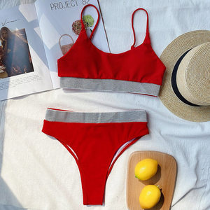 Conjunto de Bikini Morado para Mujer, Top Bandeau, Braguita Tanga, Ribete en Contraste, Secado Rápido, Traje de Baño de Color Sólido, Spandex y Nailon - Product Image 6