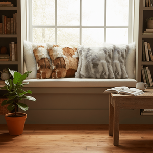 Ensemble de 6 housses de coussin en fausse fourrure blanche de qualité supérieure et en tissu texturé blanc pur, 45 cm, patchwork en cuir de vachette - Product Image 1