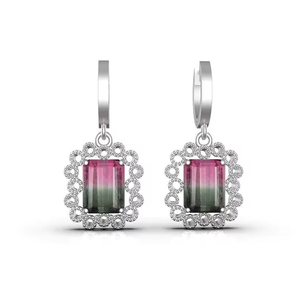 Boucles d'oreilles pendantes en tourmaline pastèque or 14 carats, taille émeraude, bijoux fins de luxe, élégantes, cadeau pour femme - Product Image 1