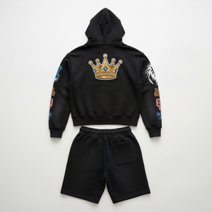 QUICKSHOW <b>Men's</b> Heavyweight 3D Embroidered Streetwear Print Casual Oversized Hoodie <b>Shorts</b> Set 100% Cotton French Terry Quick - Product Image 3