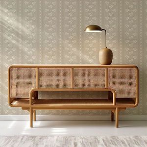 Modern Japandi Style Solid Teak Wood TV <b>Stand</b> Cabinet with Natural Rattan <b>Doors</b> - Product Image 1