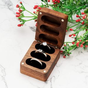 Walnut Wooden Wedding Ring <b>Storage</b> <b>Box</b>, Solid Ring Holder <b>for</b> 3 Slots, <b>Black</b> Inner - Product Image 3