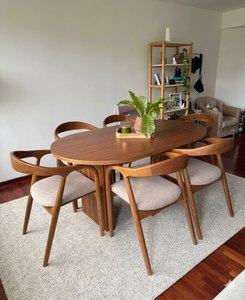 Ensemble de table à manger moderne en teck massif 8 pièces avec chaises rembourrées pour hôtel et appartement - Product Image 1