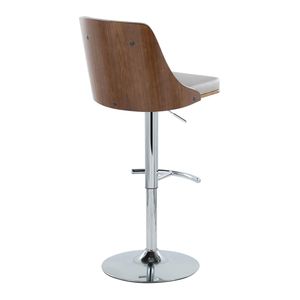 Gianna Mid Century Modern Adjustable <b>Barstool</b> with <b>Swivel</b> Chrome Metal and Walnut Wood Light Grey Faux Leather Rounded Seat - Product Image 4