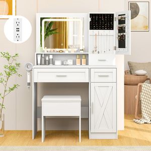 Toeletta Moderna con Specchio e Luci, Set Tavolo da Trucco e Sgabello per Camera da Letto o Appartamento - Product Image 3
