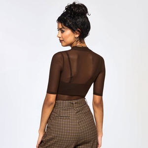 New Design Knitted Mesh Top <b>See</b>-<b>through</b> <b>Sexy</b> Short Sleeve Embroidery Logo Casual Crop Top Comfortable Solid Colour Women T-Shirt - Product Image 2