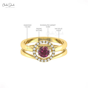 Anillo Apilable de Oro Sólido de 14k con Rodolita Granate y Diamantes de Corte Redondo de 5mm, Anillo de Compromiso y Boda para Ella - Product Image 4