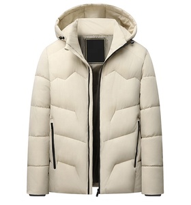 Chaqueta acolchada con capucha para hombre, gruesa, rellena de plumón, con cremallera, cálida, color beige. - Product Image 1