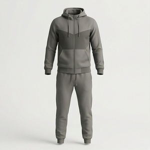 Survêtement gris à capuche pour homme, fermeture éclair intégrale, couleur unie, vêtements de sport décontractés avec poches latérales, coupe classique, pour l'automne - Product Image 1