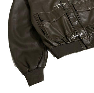 Men's Dark Brown Faux Leather Bomber Jacket Metal Buckle Closure Point Collar Cargo Pocket Oversized Vintage Streetwear <b>Coat</b> - Product Image 5