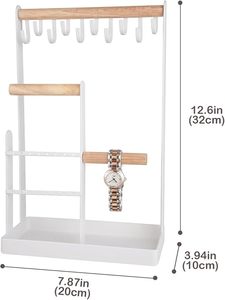 Organisateur de bijoux rectangulaire moderne avec barres et crochets en bois pour colliers, boucles d'oreilles, montres – Boîte de rangement et de présentation - Product Image 4