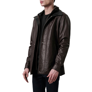 Men's Dark Brown Genuine <b>Leather</b> Jacket Stand Collar Zipper Closure Long Sleeve <b>Coat</b> - Product Image 3