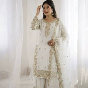 Elegante Traje Palazzo para Fiesta con Bordado Elaborado y Dupatta con Borde de Encaje - Product Image 1