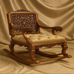 Fauteuil à bascule vintage en bois avec des sculptures florales complexes et un siège robuste, disponible à prix de gros. - Product Image 6