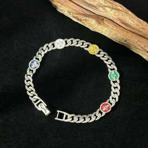 Classic 925 Silver Hip Hop Rose Gold Plated Chain Link <b>Bracelet</b> with Green and <b>Red</b> Inlay Moissanite Stones Unisex Everyday Wear - Product Image 3