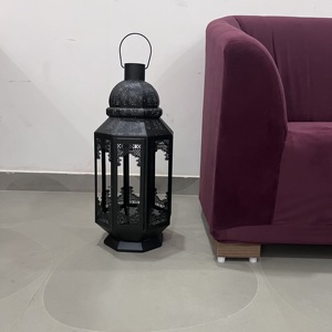 Black Metal Floor Standing Candle Holder <b>Large</b> Hollow Out Arabic Style Decorative Lamp for Home & Wedding - Product Image 1
