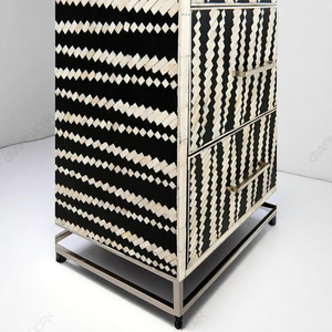 Commode artisanale en os incrusté, rayures géométriques noir et blanc, 6 tiroirs avec base métallique, meuble de rangement moderne pour chambre à coucher - Product Image 4
