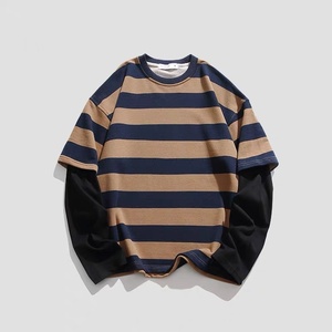 High Quality Custom logo DTG Print Long Sleeves Oversized Men French Terry Double Layer Stripe <b>Patchwork</b> Causal <b>Shirt</b> - Product Image 5