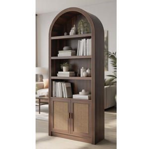 Vitrina Arqueada de Madera de Teca Sólida Artesanal con Detalles en Ratán - Product Image 1