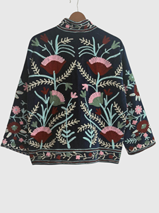 Veste à col mandarin brodée à la main avec des motifs floraux, manches longues, en coton, pour adulte, style Prairie Chic, à porter en automne - Product Image 2