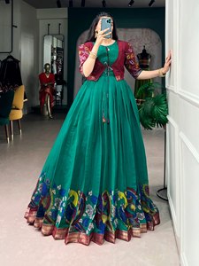 Artisan Kalamkari Chanderi Maxi Dress With Coordinated Open Front <b>Jacket</b> Zari Border Flared Ethnic <b>Womens</b> Occasion Outfit - Product Image 1