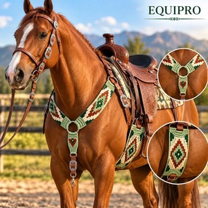 EQUIPRO Halter pour cheval perlé, vert crème, motif géométrique, cuir et laine, boucles Concho, modèle personnalisable - Product Image 3