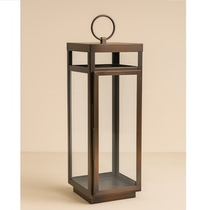 Architectural Antique Bronze Metal Glass Hurricane <b>Lantern</b> <b>Tall</b> Rectangular Pillar Candle Holder with O-Ring Top - Product Image 1