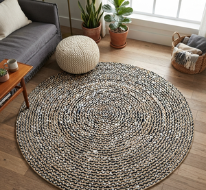 Tapis rond tressé en coton et jute noir et blanc, tissé à la main, en fibres naturelles, pour salon, chambre à coucher, décoration intérieure - Product Image 1