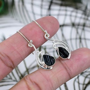 925 Sterling Silver <b>Dangle</b> <b>Earrings</b> <b>Black</b> Tourmaline Gemstone Handmade October Birthstone Birthday Gift Bezel Set Drop <b>Earrings</b> - Product Image 5