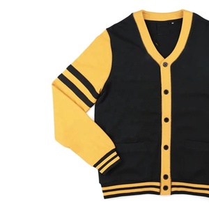 University Fraternities Custom <b>Men</b> <b>Knitted</b> <b>Cardigan</b> Sweater Black Yellow Colorblock Varsity V-Neck OEM Striped <b>Men</b> college style - Product Image 4