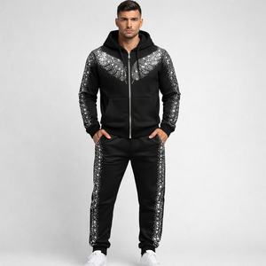 Conjunto de 2 Piezas de Sudadera con Capucha y Pantalones Deportivos Vintage con Logotipo Personalizado, Conjunto Deportivo con Pedrería, Pantalones Deportivos para Hombre - Product Image 1